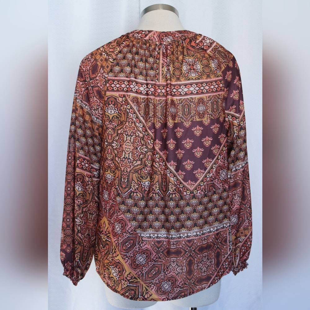 Democracy Women’s Small Boho Paisley V-Neck Blouse Burgundy Pink Long Sleeve - Picture 2 of 7